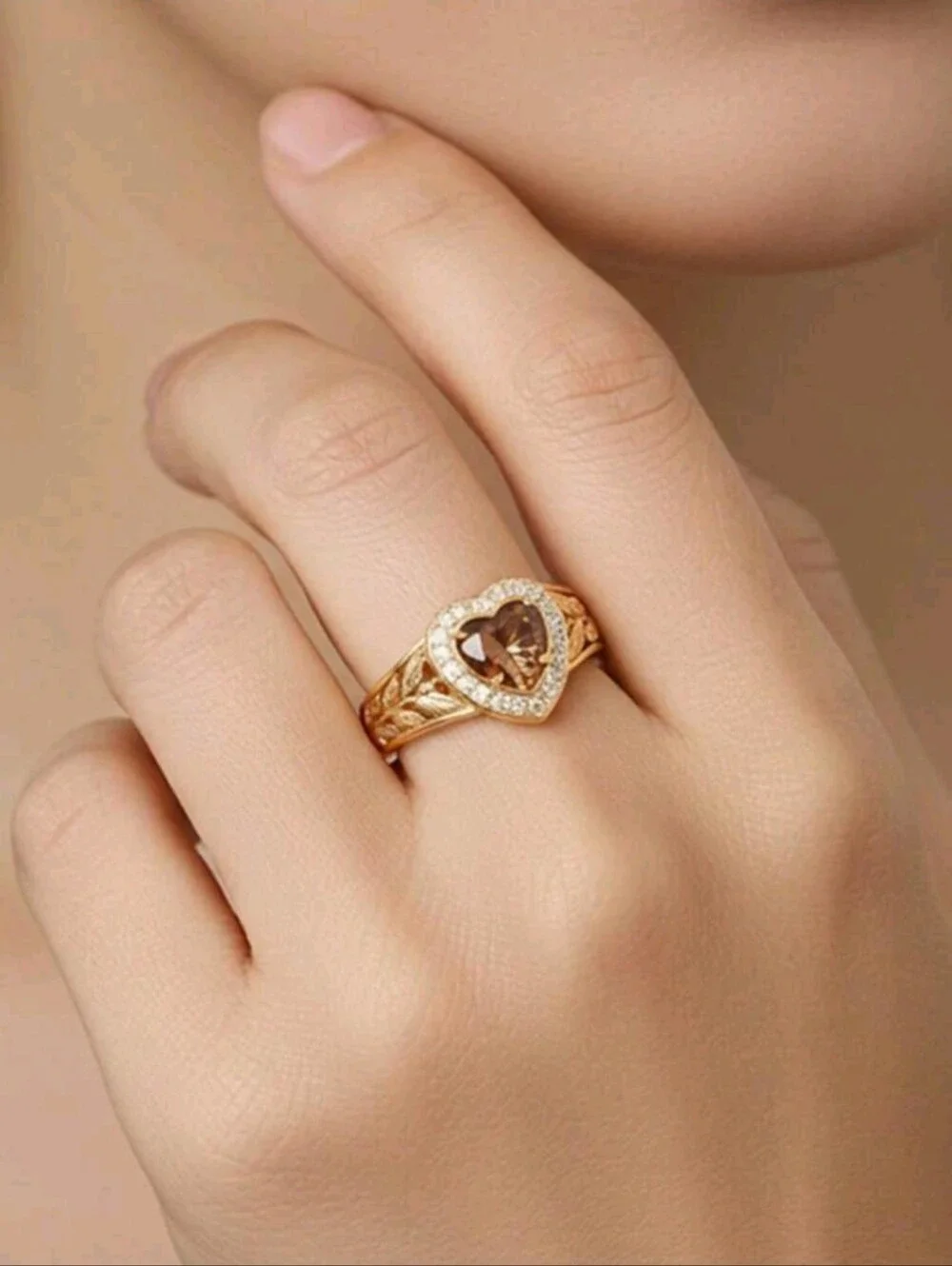 BRAND NEW ** Gold Heart Halo Ring with Brown Heart Gem